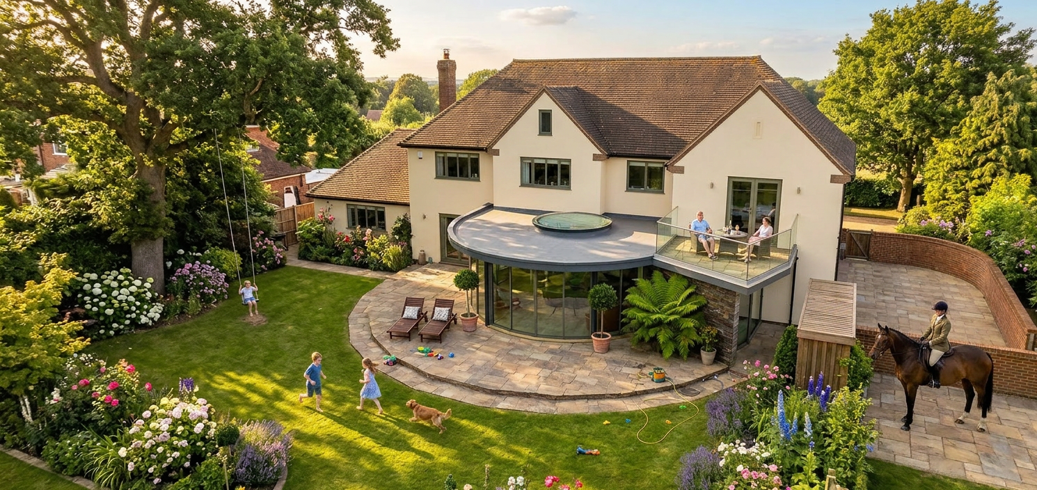 Large brick house with patio, upper terrace with two adults seated, children playing and a dog in garden